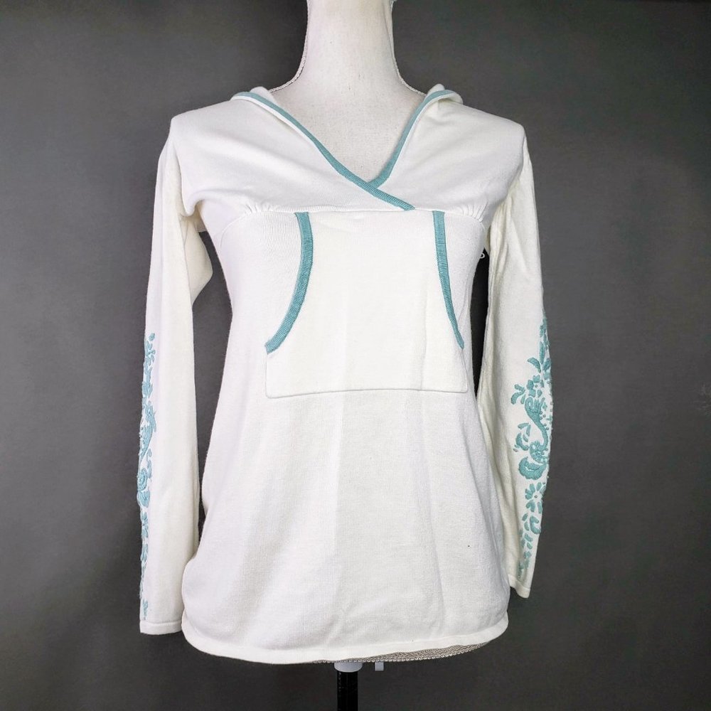 Athleta Aqua Boho Pullover Hoodie Women Embroidered Floral Sleeve Lightweight S